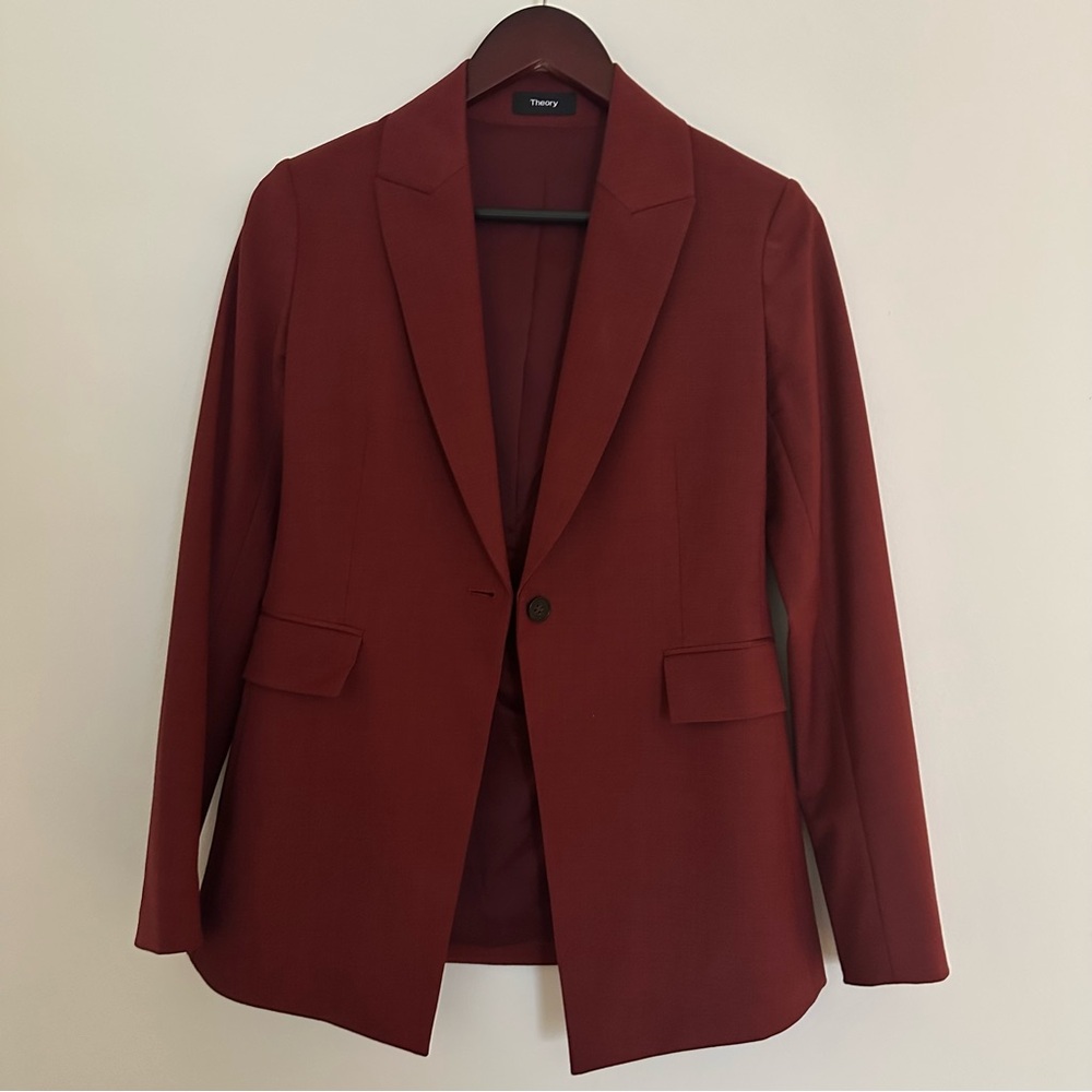 Theory size 0 women's red burgundy cinnamon wool sedeia classic work suit blazer